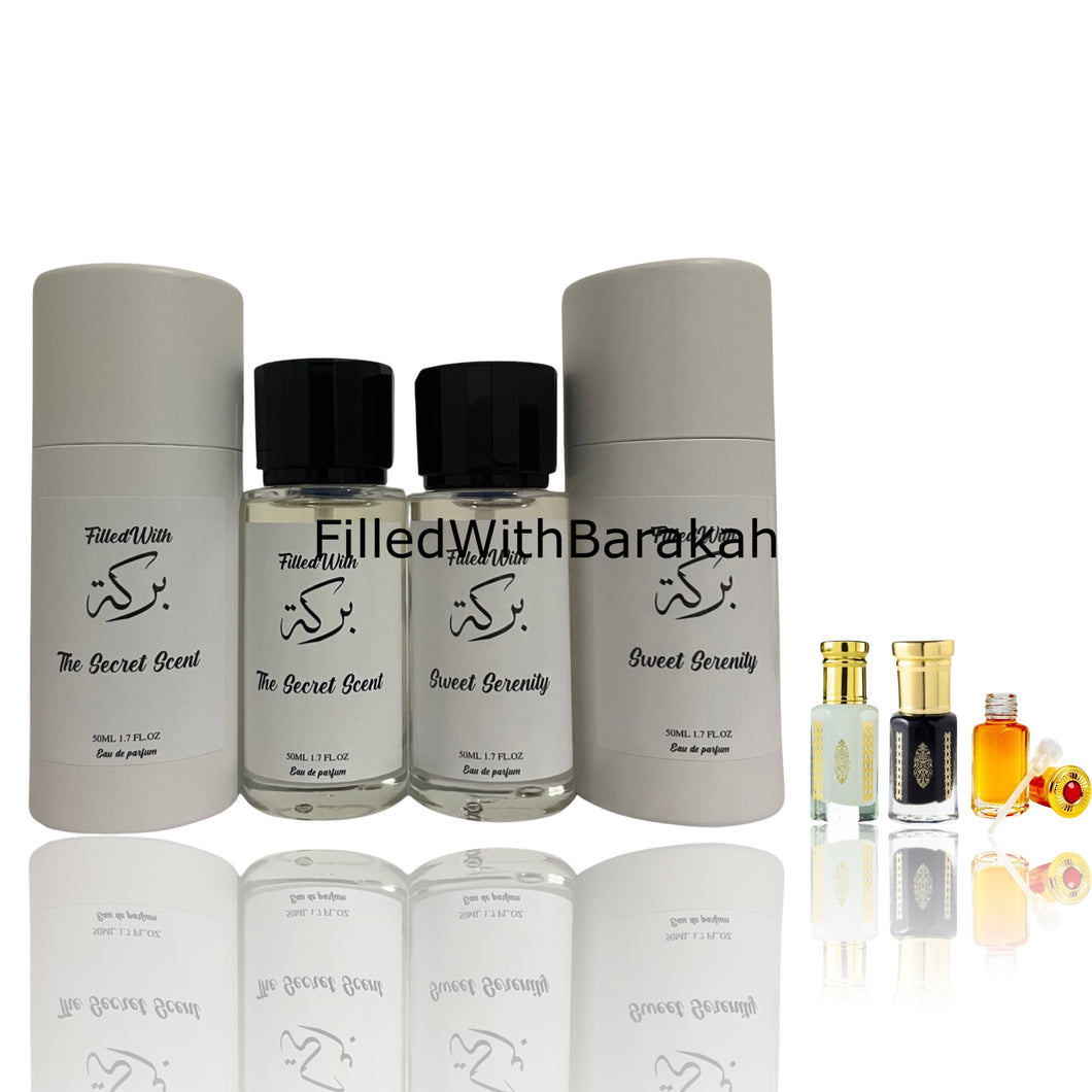 The Secret Scent™ & Sweet Serenity™ (50ml X 2)+ Musk Tahara (3ml), Black Oud (3ml) & Gucci Oud (3ml) Concentrated Perfume Oils