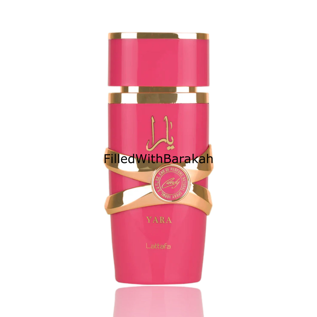 Yara Candy | Eau De Parfum 100ml | by Lattafa

Yara Candy by Lattafa is an enchanting Eau De Parfum that captures the sweet, playful essence of delectable treats. This fragrance masterfully blends fruity, floral, and gourmand notes to create an irresistible and joyful scent experience.

Fragrance Notes:

Top Notes:

• Green Mandarin: Adds a fresh, citrusy burst to the opening.
• Blackcurrant: Provides a juicy, tart sweetness.

Heart Notes:

• Strawberry Fizz Candy: Infuses the fragrance with a playful, effe